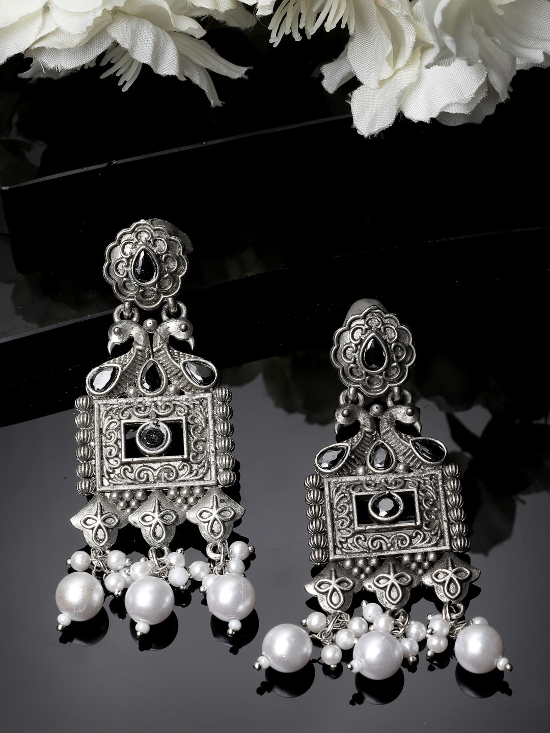 

ADIVA Silver-Plated Pearl & Stone-Studded Oxidised Peacock Shaped Drop Earrings