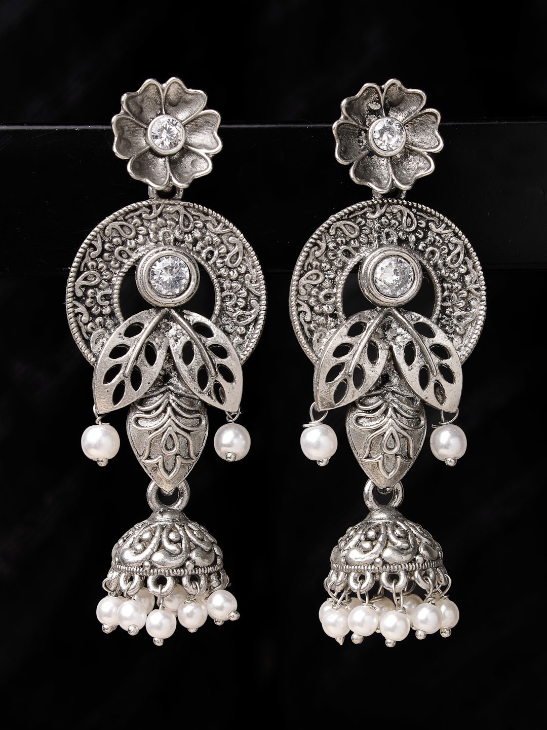 

ADIVA Oxidised Silver-Plated Stone-Studded & Pearls Floral Shaped Jhumka