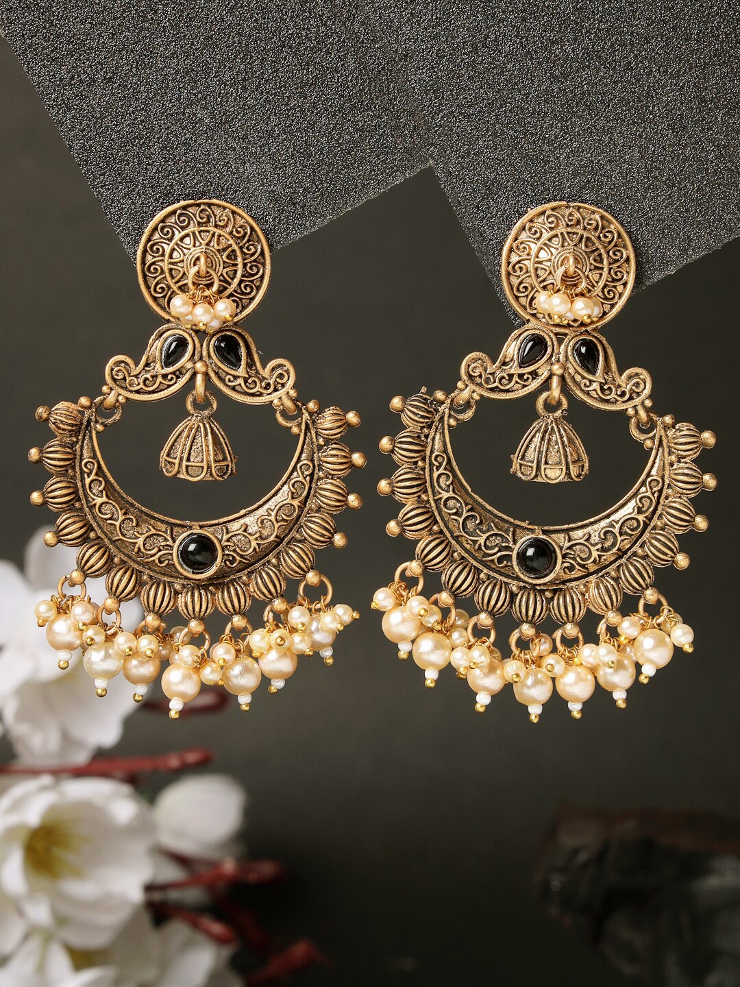 

ADIVA Gold-Plated Stone Studded & Beaded Chandbalis Earrings