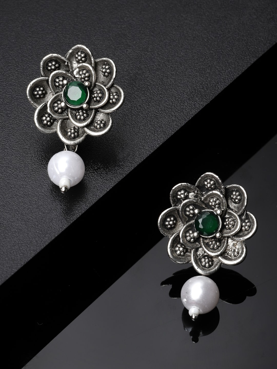 

ADIVA Oxidised Silver-Plated Floral Shaped Drop Earrings