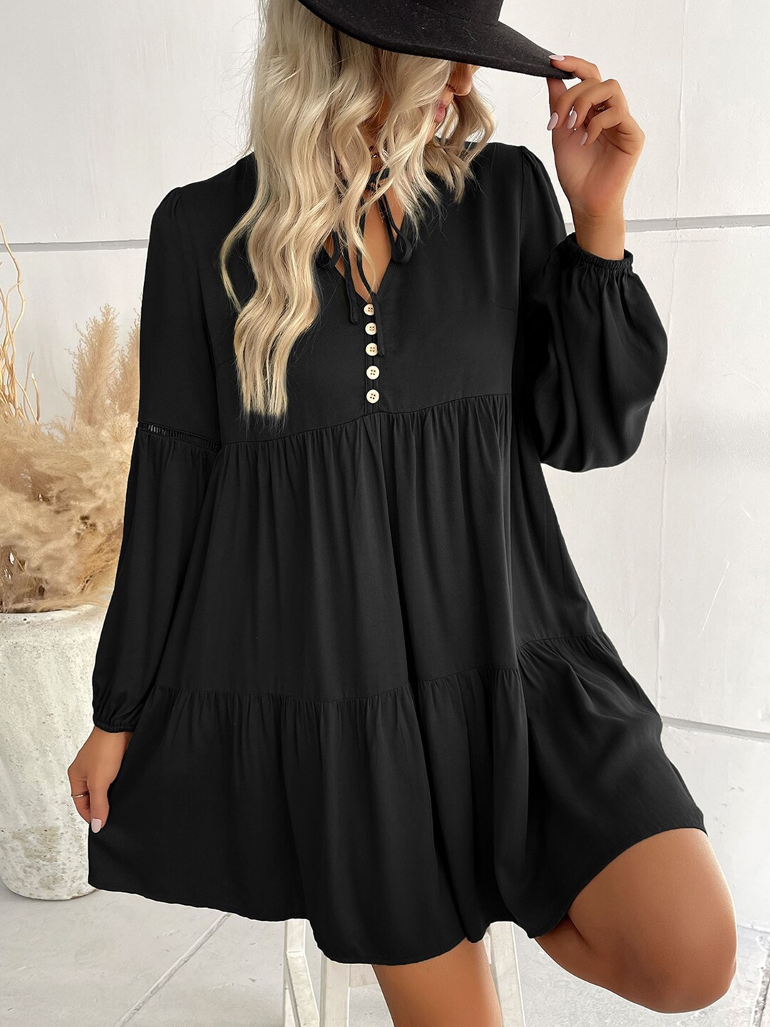 

StyleCast Black Tie-Up Neck Puff Sleeves Gathered Detailed A-Line Mini Dress