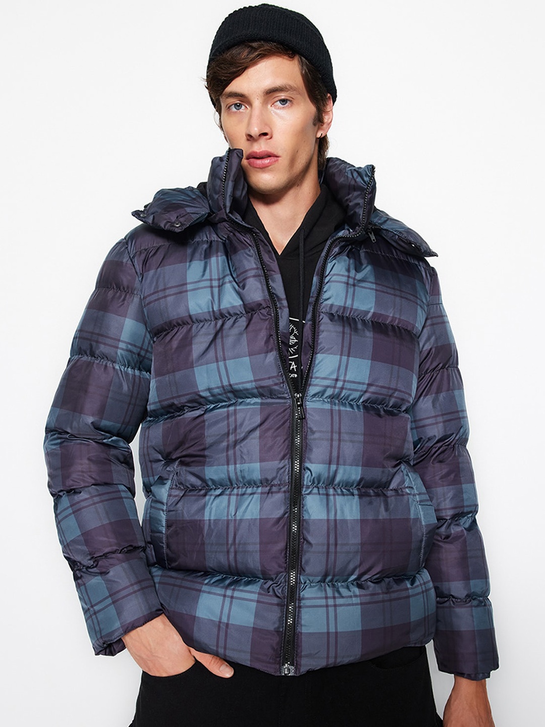

Trendyol Hooded Checked Puffer Jacket, Purple