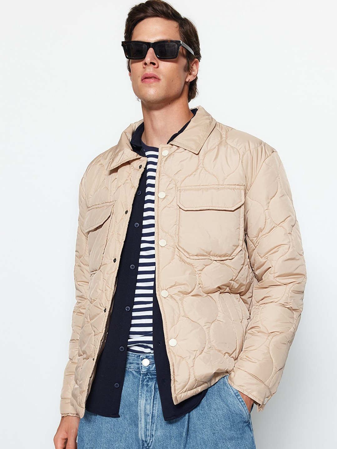 

Trendyol Spread Collar Long Sleeve Studded Quilted Jacket, Beige