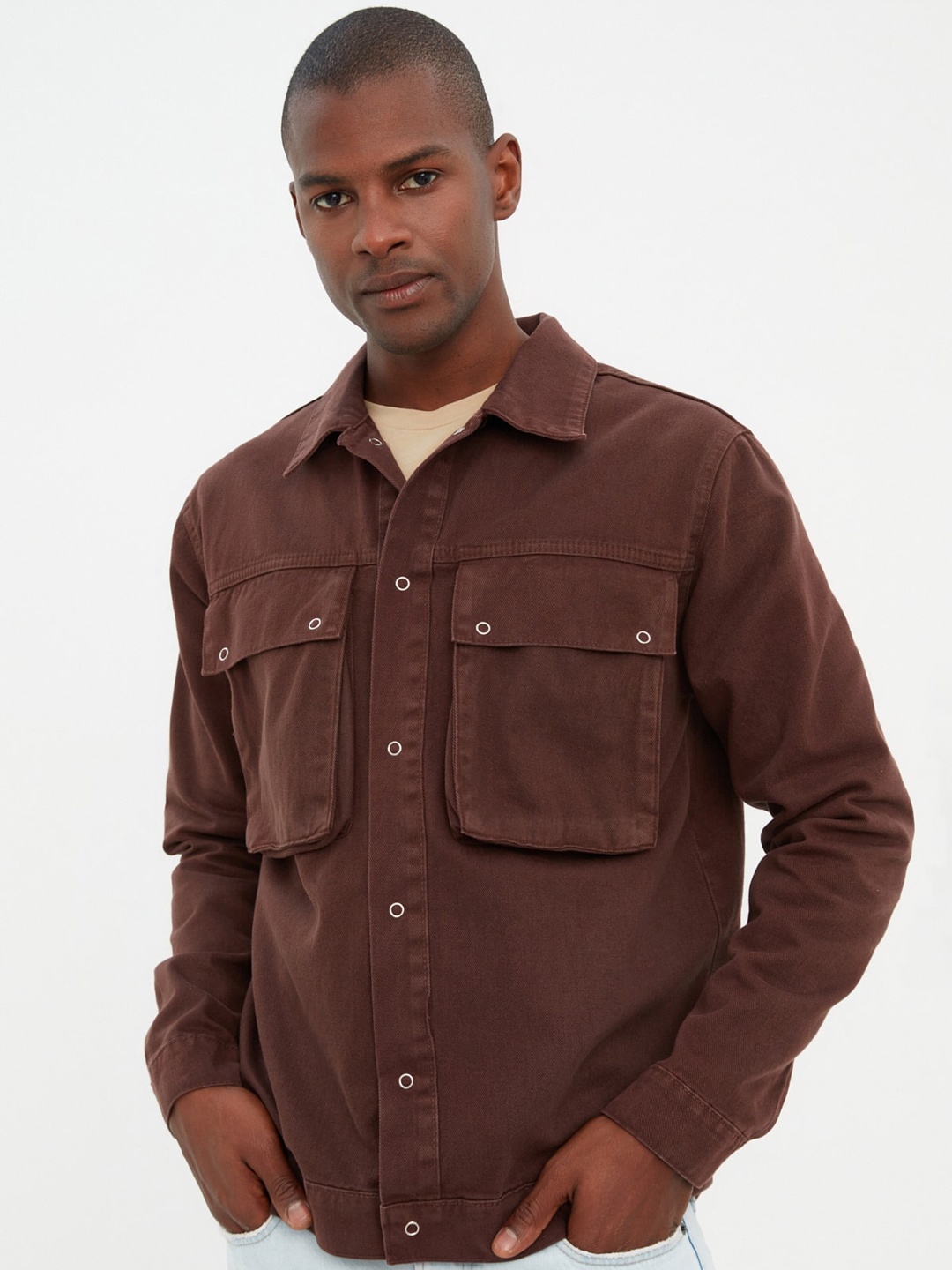 

Trendyol Spread Collar Pure Cotton Shacket, Brown