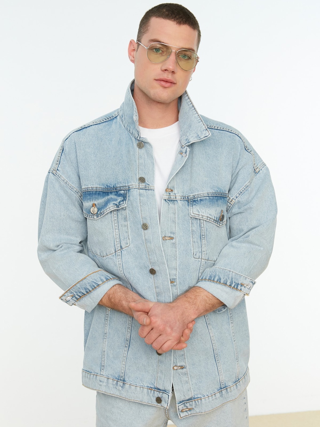 

Trendyol Spread Collar Washed Pure Cotton Denim Jacket, Blue