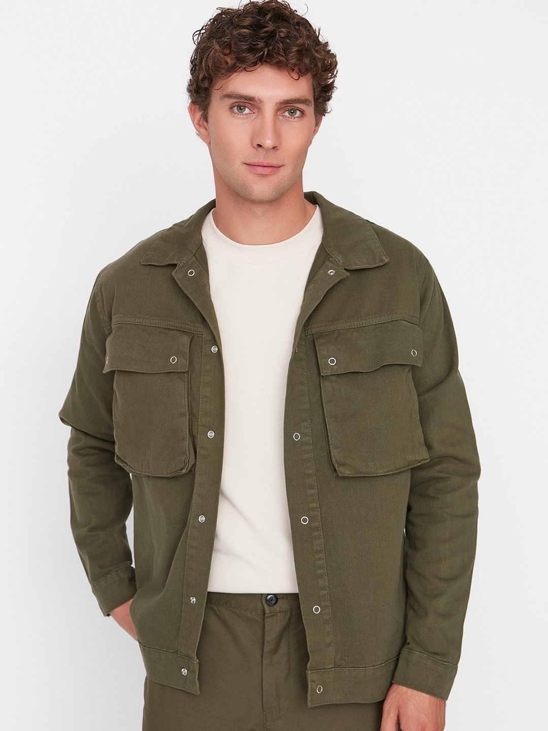 

Trendyol Spread Collar Pure Cotton Shacket, Olive