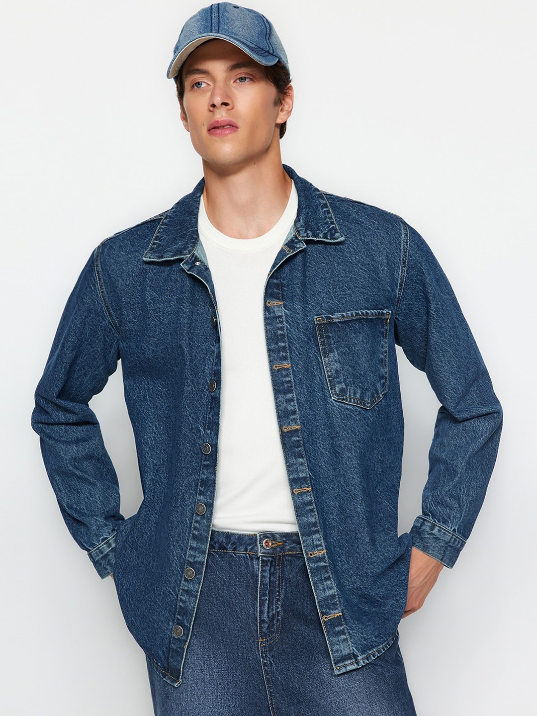 

Trendyol Washed Spread Collar Cotton Denim Jacket, Blue