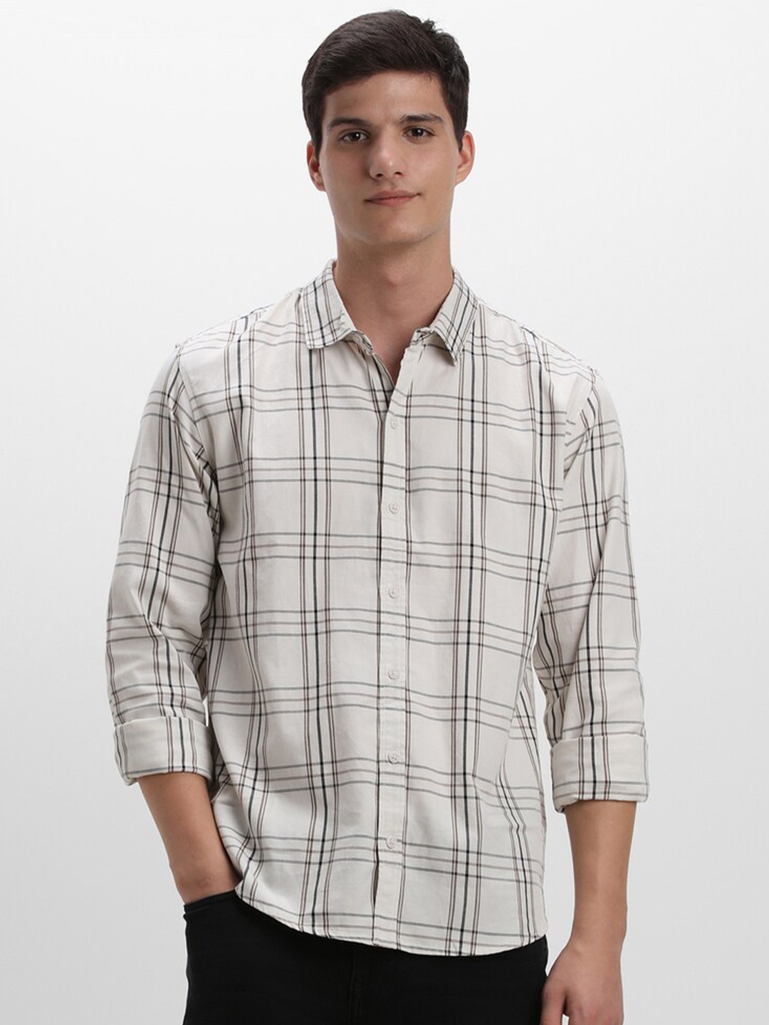 

FOREVER 21 Tartan Checks Opaque Pure Cotton Casual Shirt, Grey