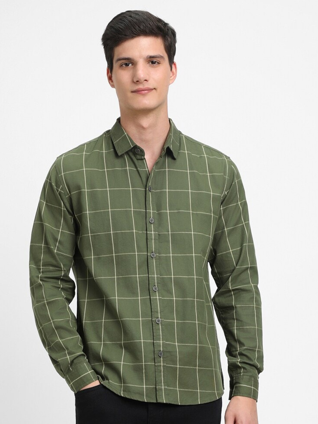 

FOREVER 21 Windowpane Checks Opaque Pure Cotton Casual Shirt, Green