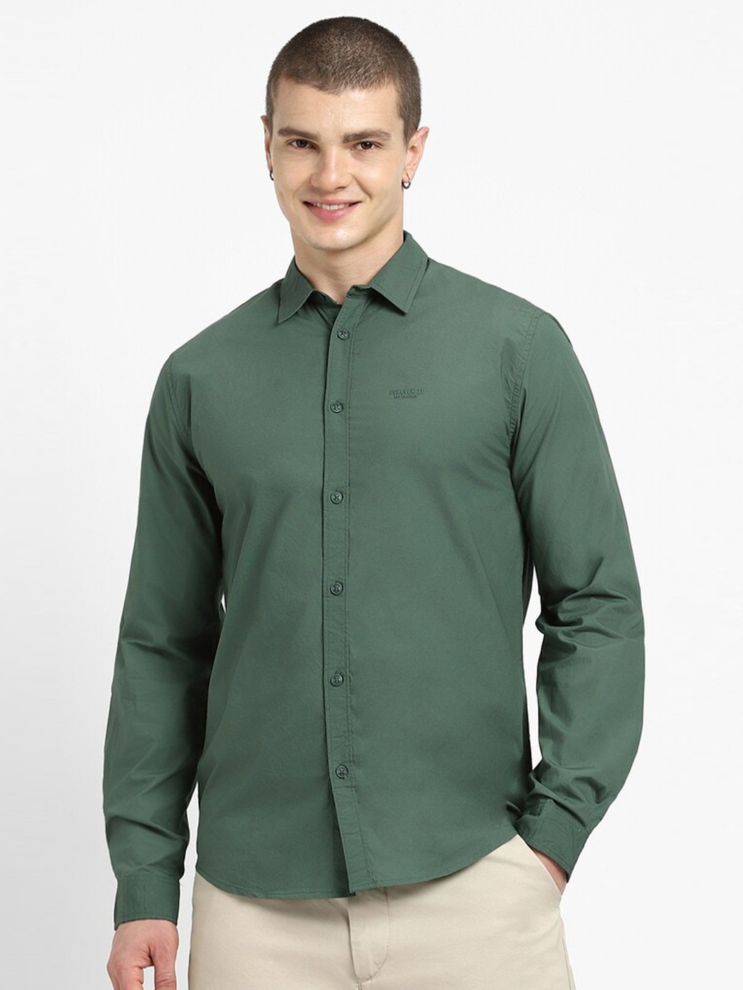 

FOREVER 21 Opaque Pure Cotton Casual Shirt, Green