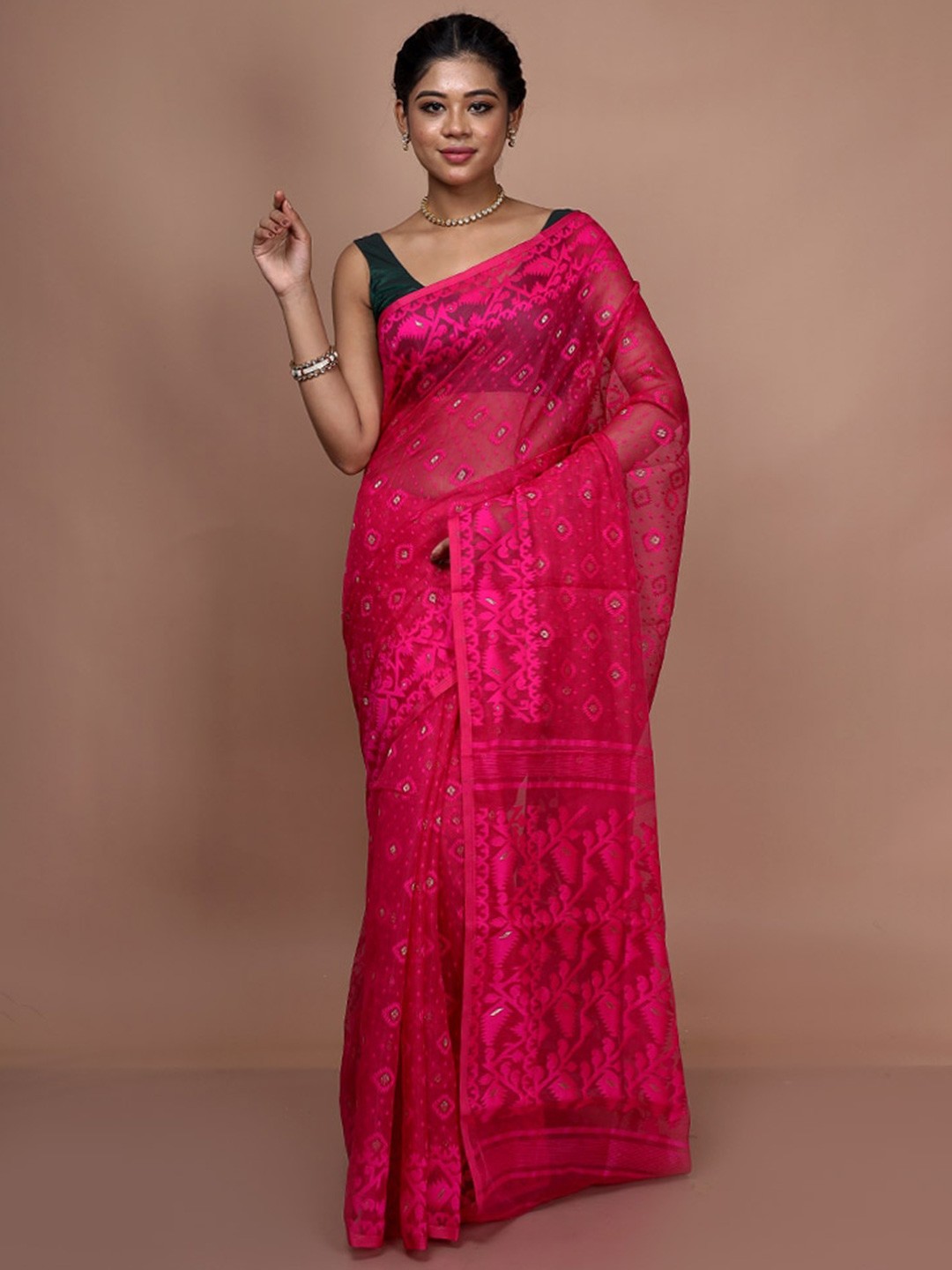 

AllSilks Floral Woven Design Taant Saree, Pink