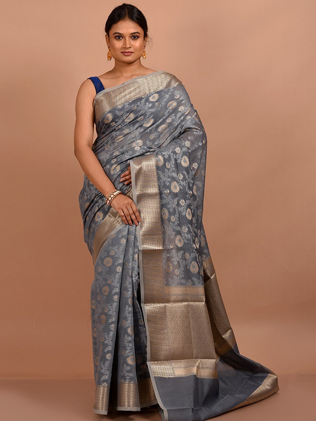 

AllSilks Floral Woven Design Zari Pure Cotton Saree, Grey
