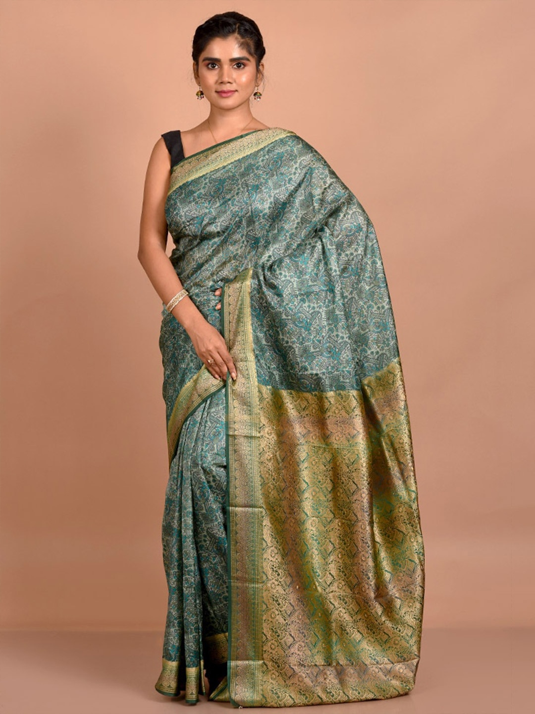 

AllSilks Ethnic Motifs Printed Zari Pure Silk Saree, Green