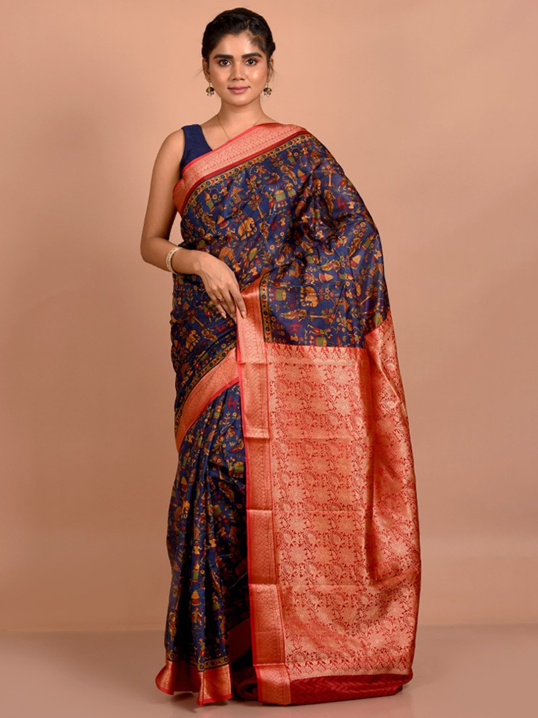 

AllSilks Ethnic Motifs Printed Zari Pure Silk Saree, Blue
