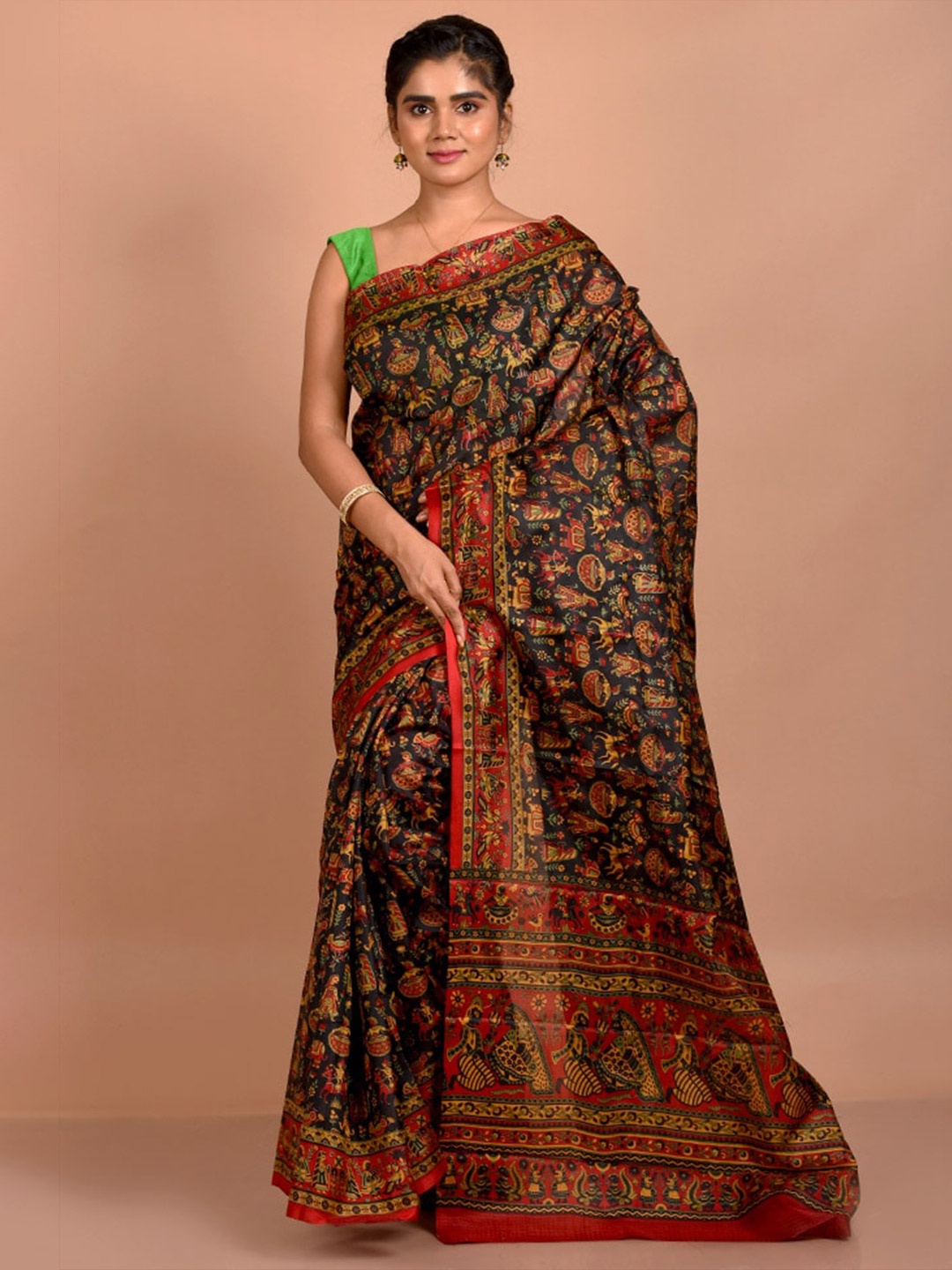 

AllSilks Ethnic Motifs Printed Pure Silk Saree, Black