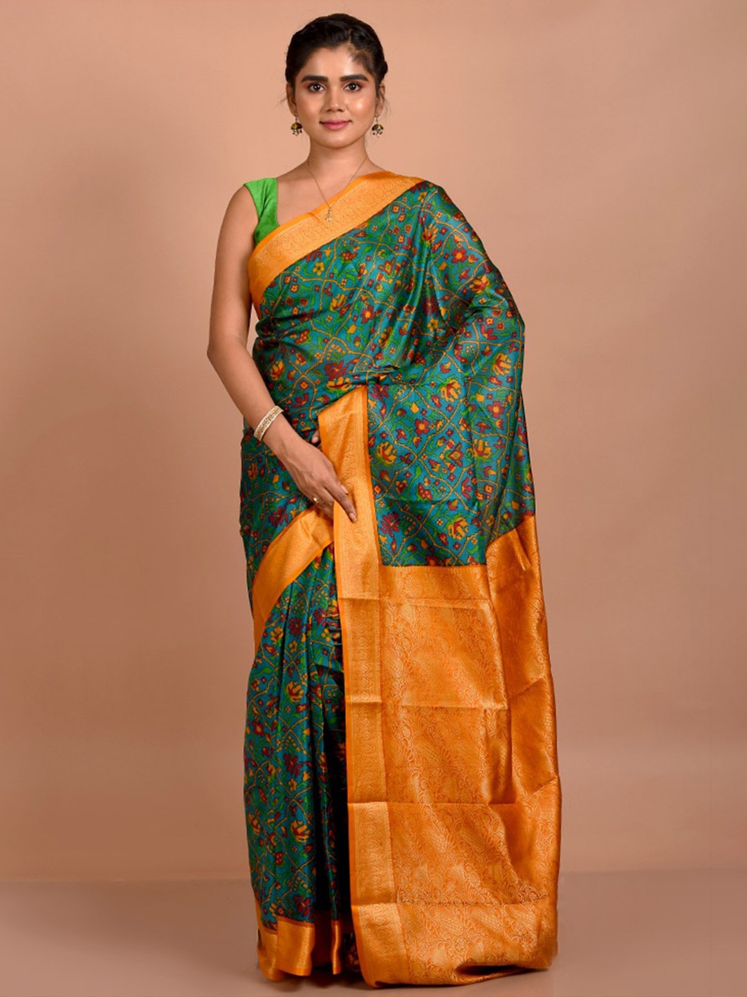 

AllSilks Ethnic Motifs Printed Zari Pure Silk Saree, Green