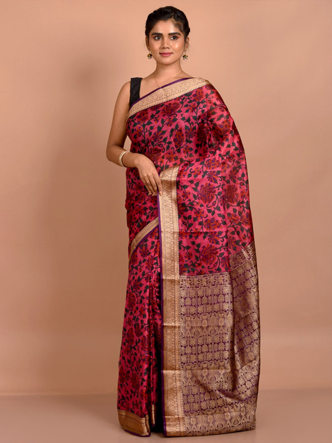 

AllSilks Floral Printed Zari Pure Silk Saree, Pink