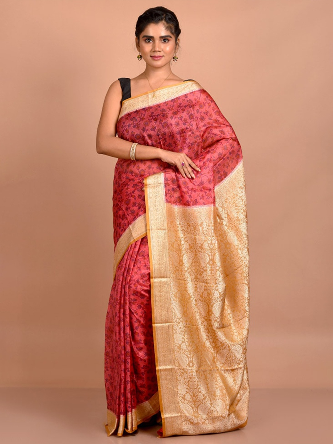 

AllSilks Ethnic Motifs Printed Zari Pure Silk Saree, Pink