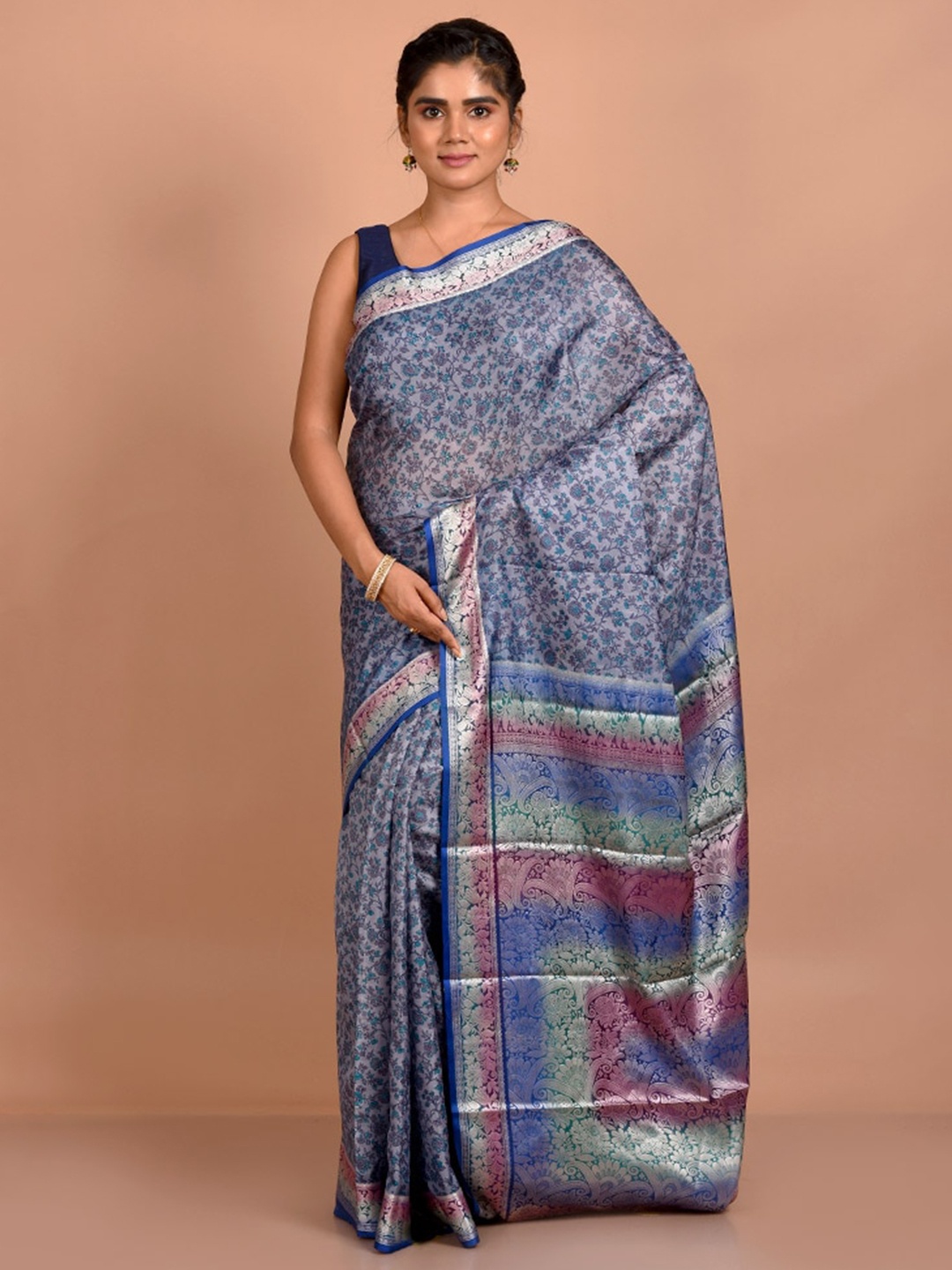 

AllSilks Ethnic Motifs Printed Zari Pure Silk Saree, Grey