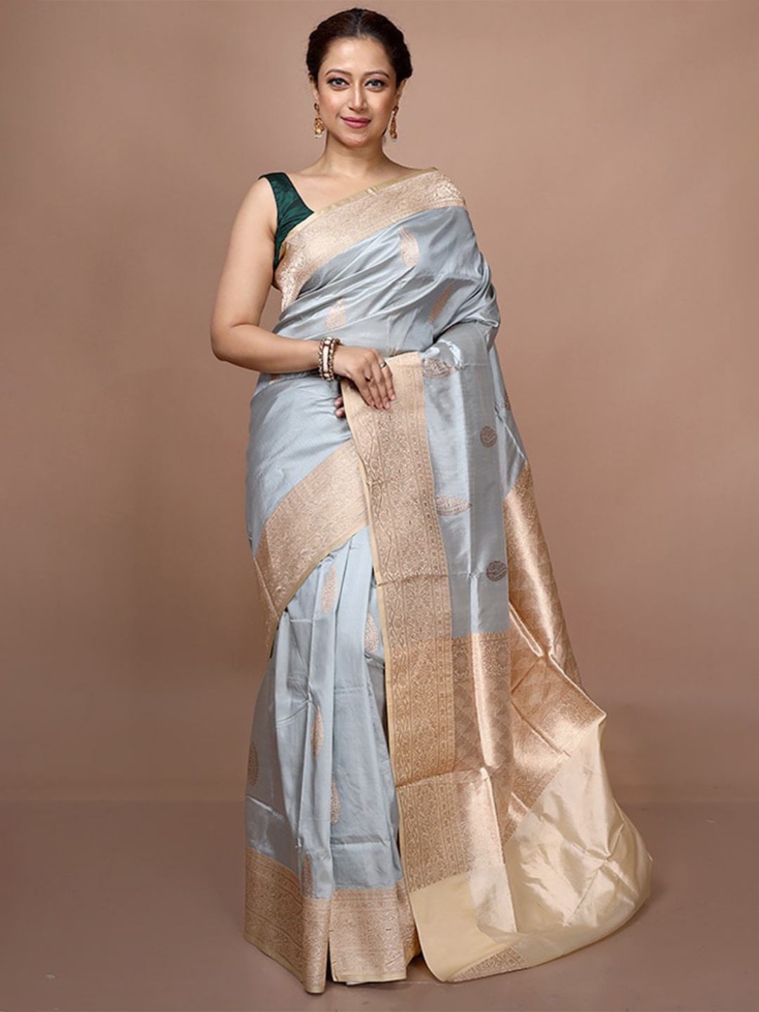 

AllSilks Ethnic Motifs Woven Design Zari Pure Silk Saree, Grey