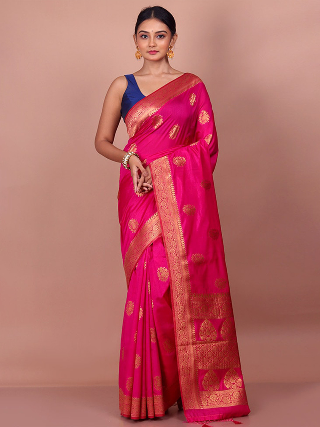 

AllSilks Ethnic Motifs Woven Design Zari Detailed Saree, Pink