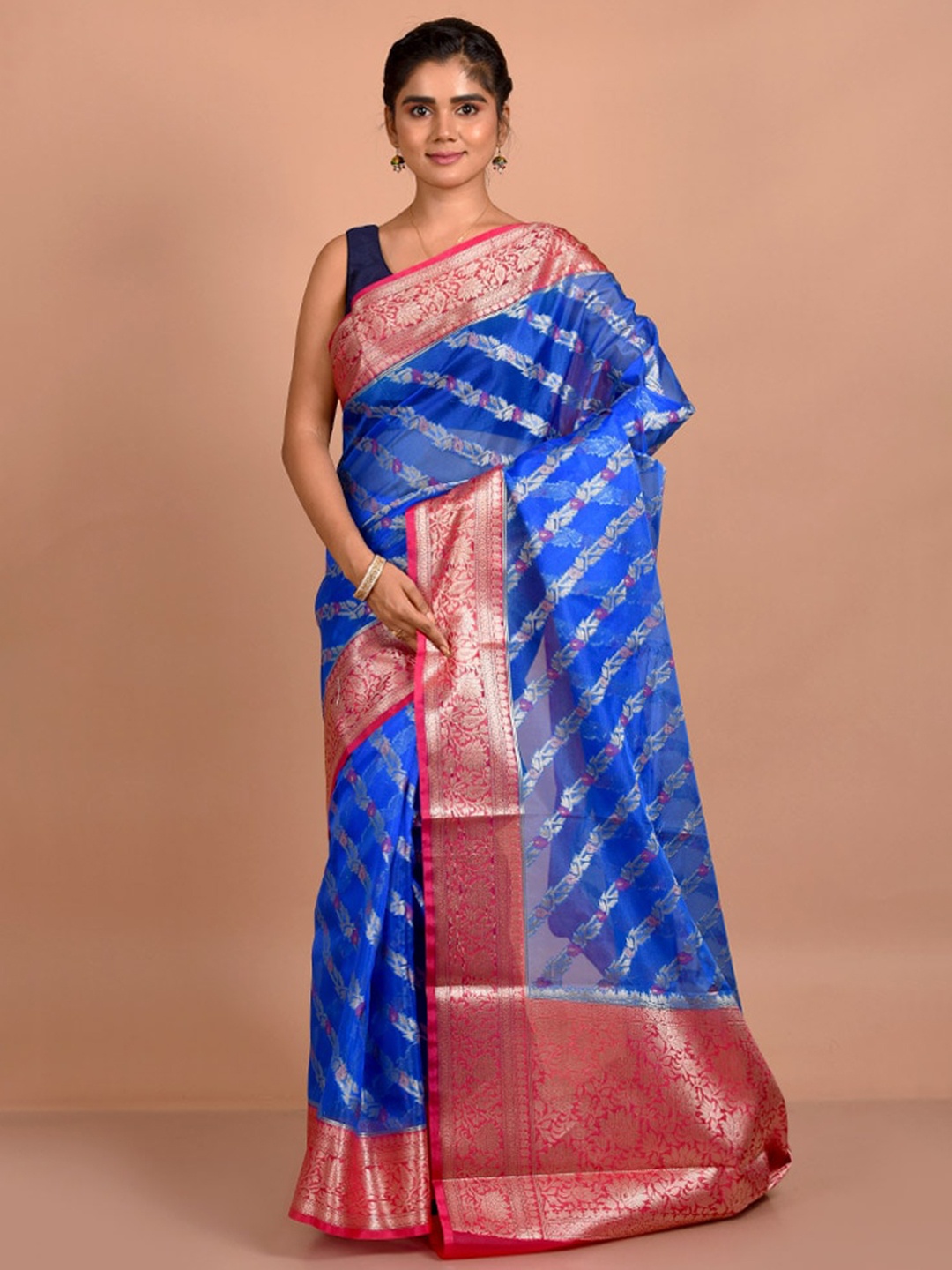 

AllSilks Ethnic Motifs Woven Design Zari Organza Saree, Blue