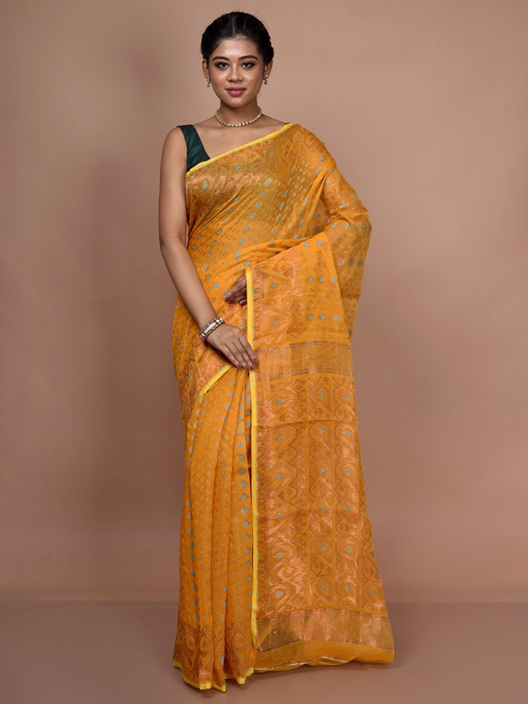 

AllSilks Ethnic Motifs Woven Design Taant Saree, Yellow