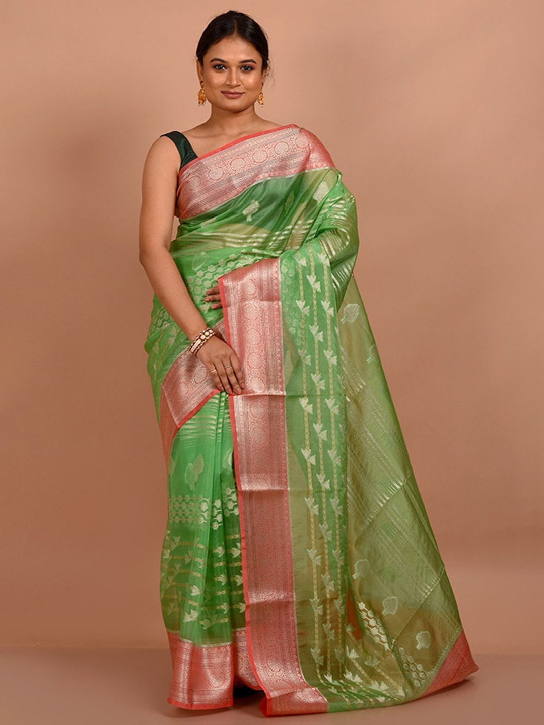 

AllSilks Ethnic Motifs Woven Design Zari Organza Saree, Green
