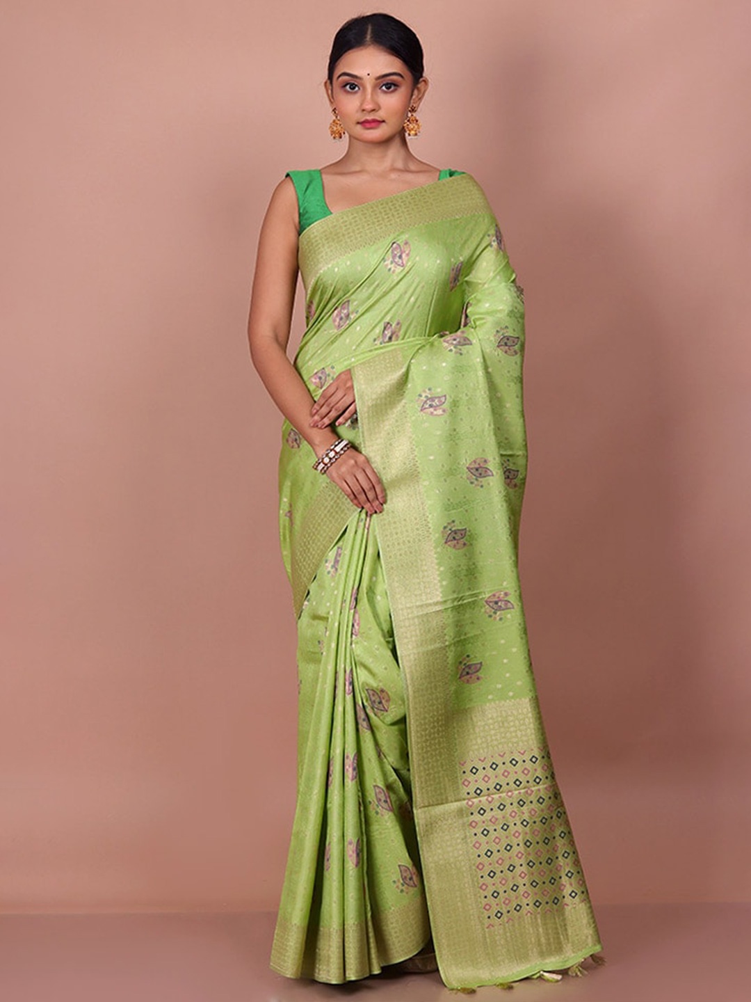 

AllSilks Ethnic Motifs Woven Design Zari Saree, Green