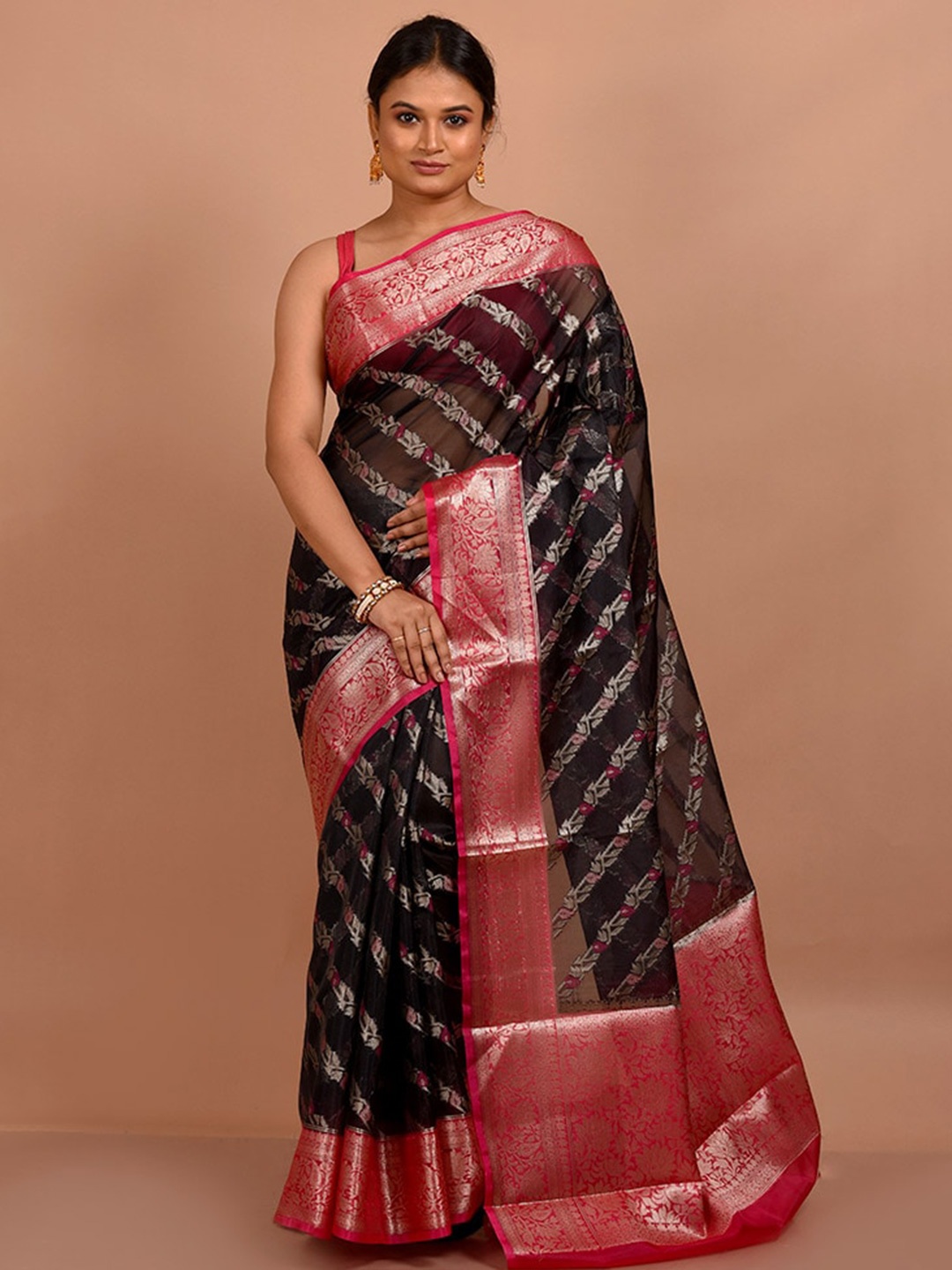 

AllSilks Ethnic Motif Zari Organza Saree, Black