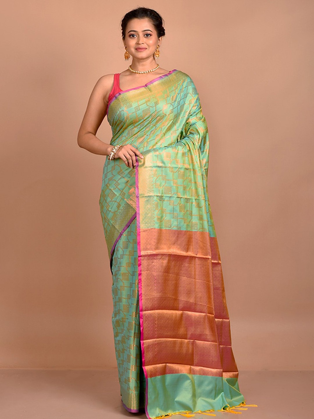 

AllSilks Ethnic Motifs Woven Design Zari Detailed Saree, Green