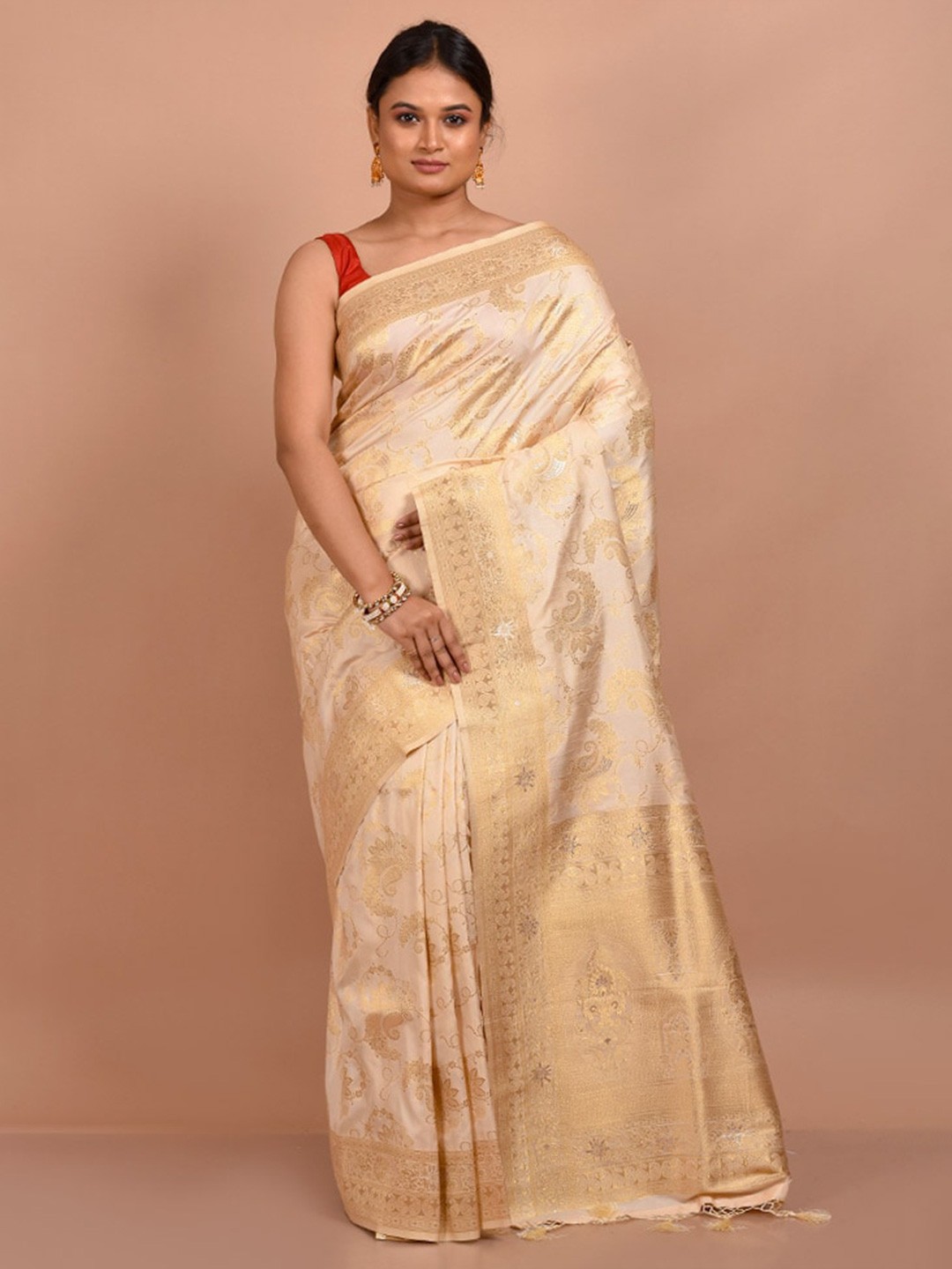 

AllSilks Woven Design Zari Silk Blend Saree, Cream