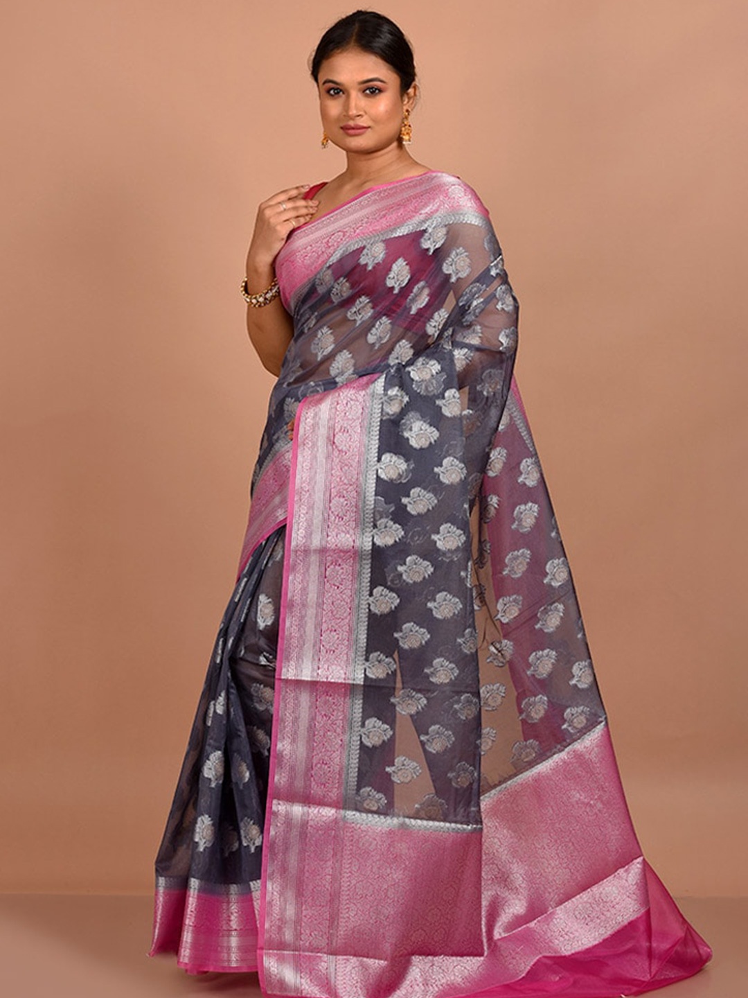 

AllSilks Ethnic Motifs Woven Design Zari Organza Saree, Grey
