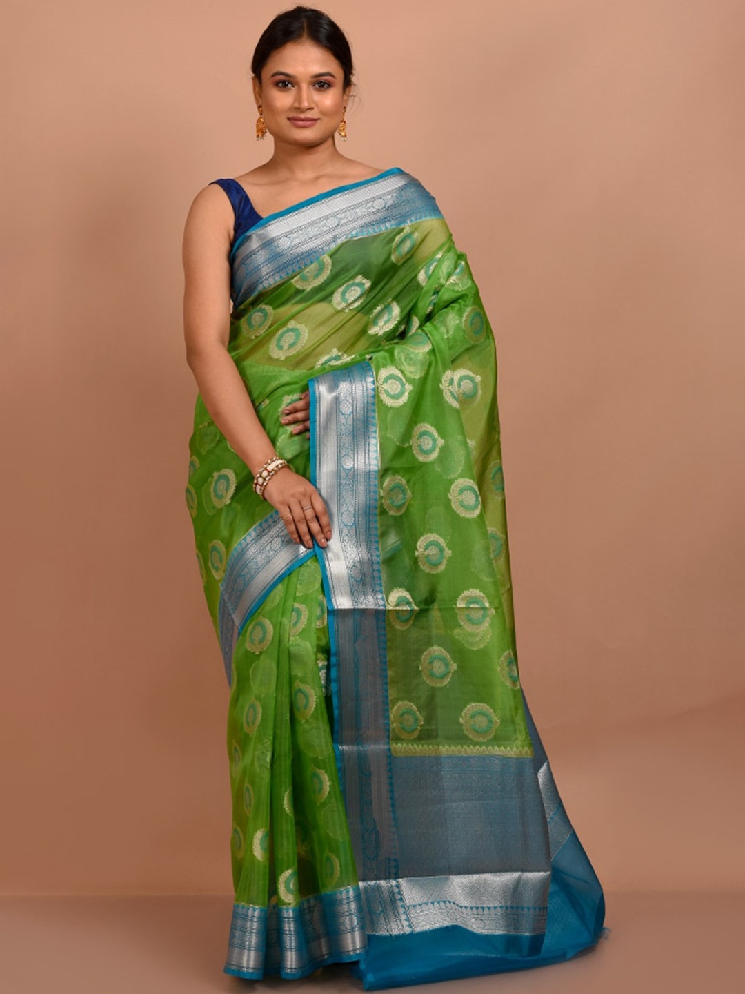 

AllSilks Ethnic Motif Zari Organza Saree, Green