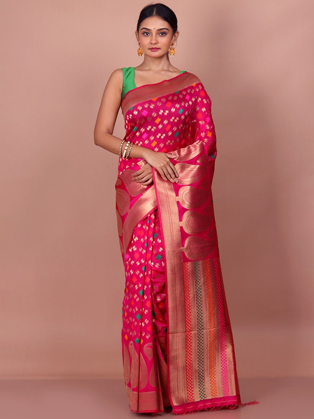 

AllSilks Ethnic Motifs Woven Design Zari Detail Saree, Pink