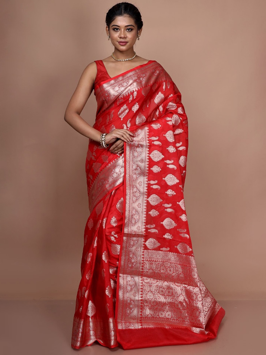 

AllSilks Woven Design Zari Poly Georgette Saree, Red