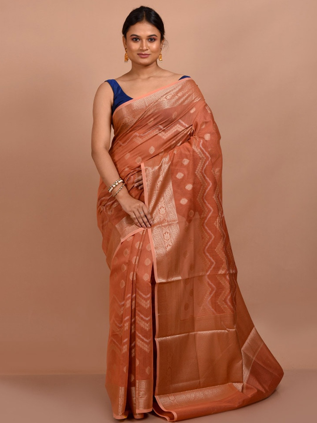 

AllSilks Woven Design Zari Pure Cotton Saree, Rust