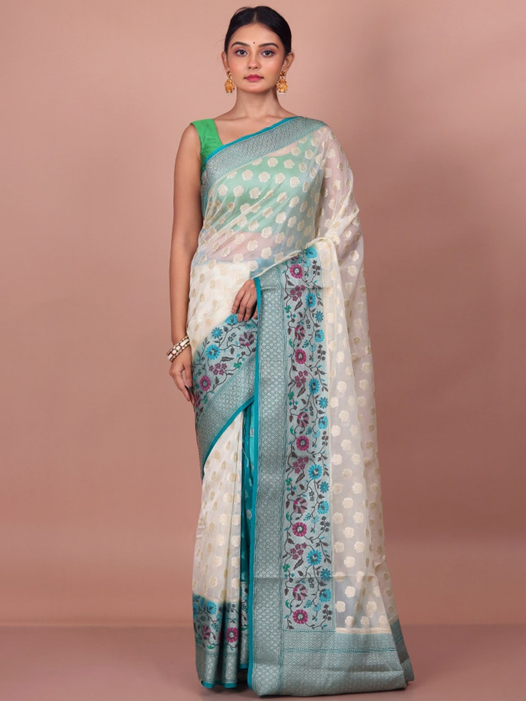 

AllSilks Ethnic Motifs Woven Design Organza Saree, Cream