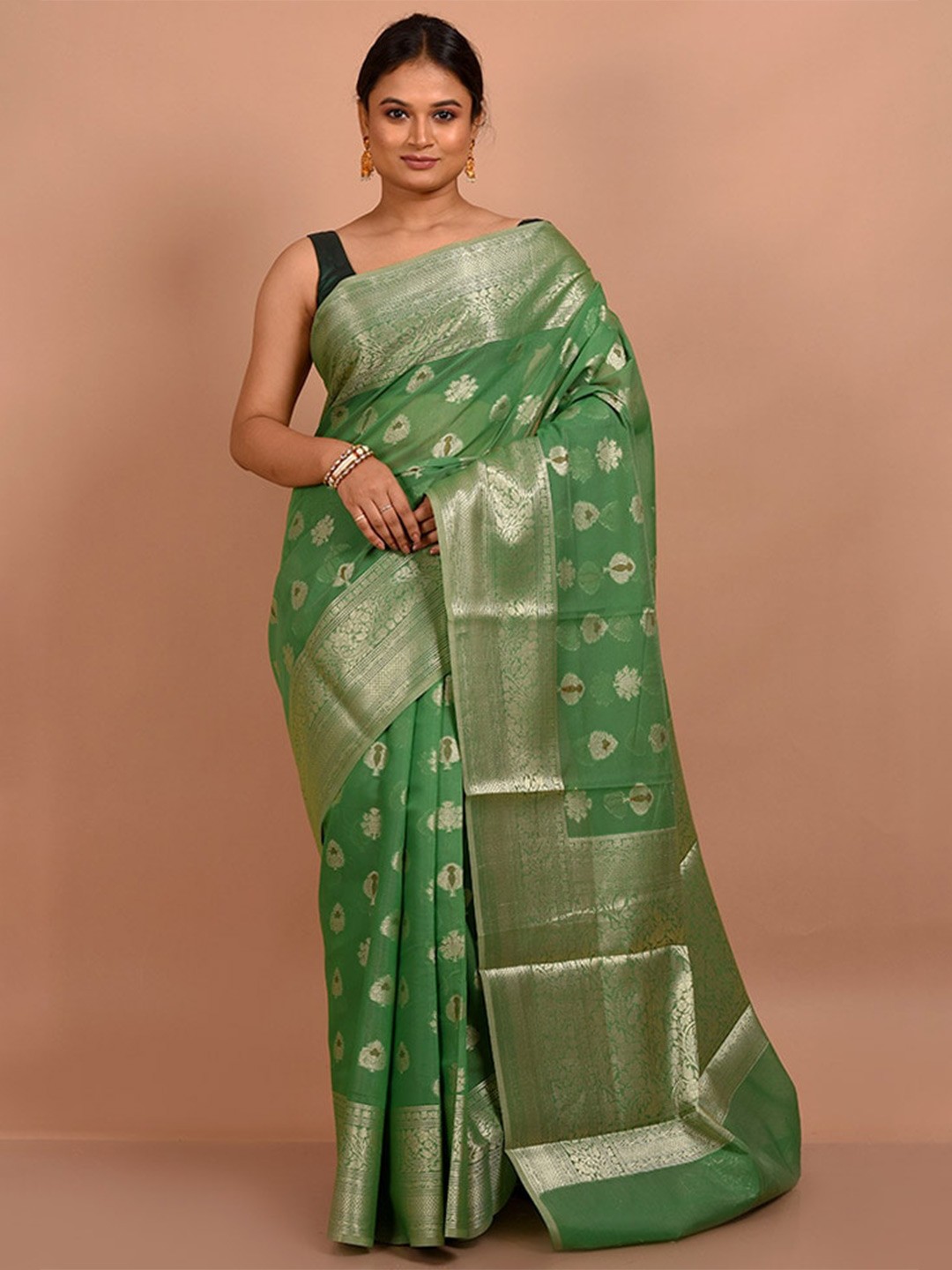 

AllSilks Ethnic Motifs Woven Design Zari Detail Pure Cotton Saree, Green