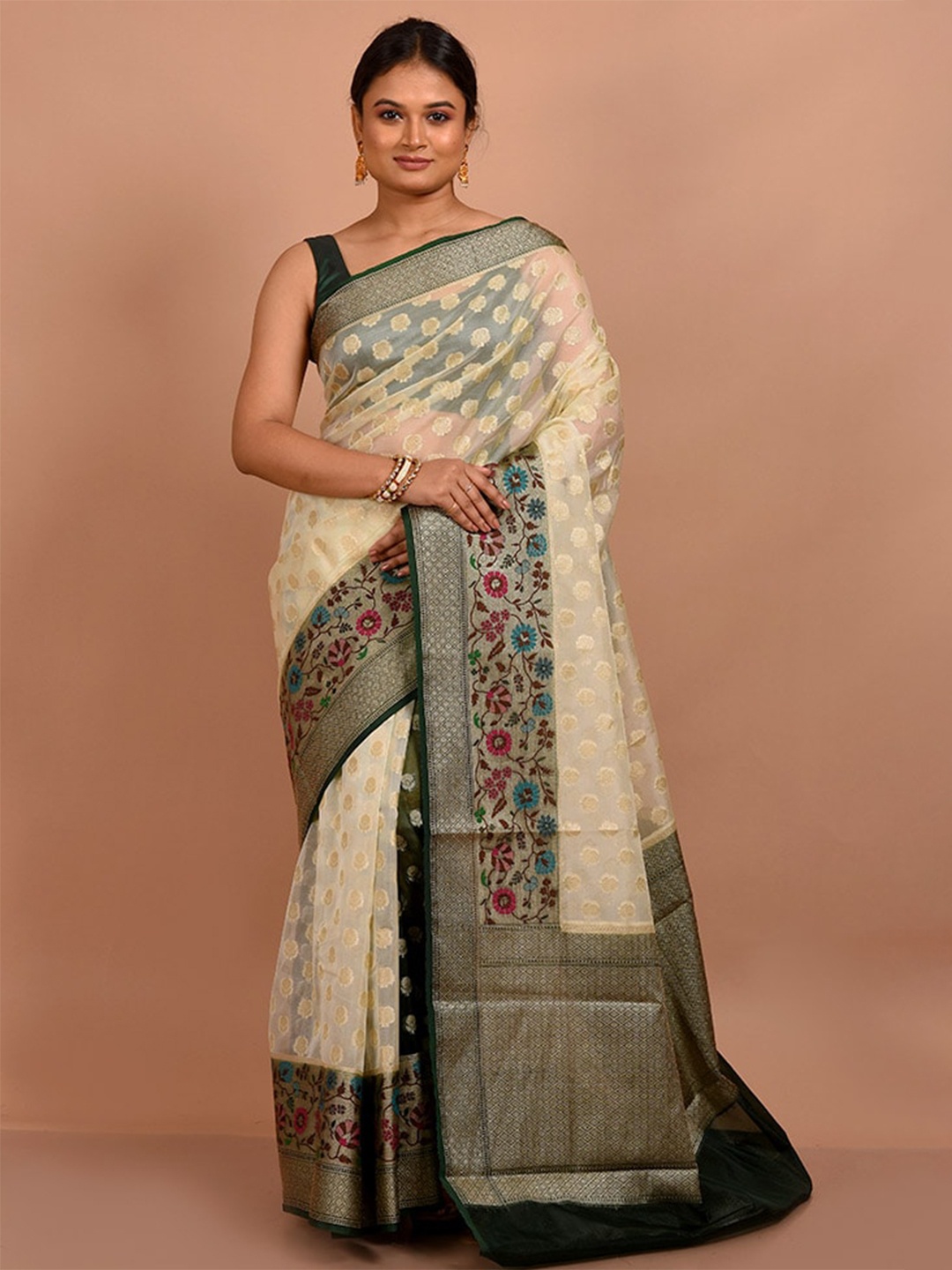 

AllSilks Ethnic Motifs Woven Design Zari Organza Saree, Cream
