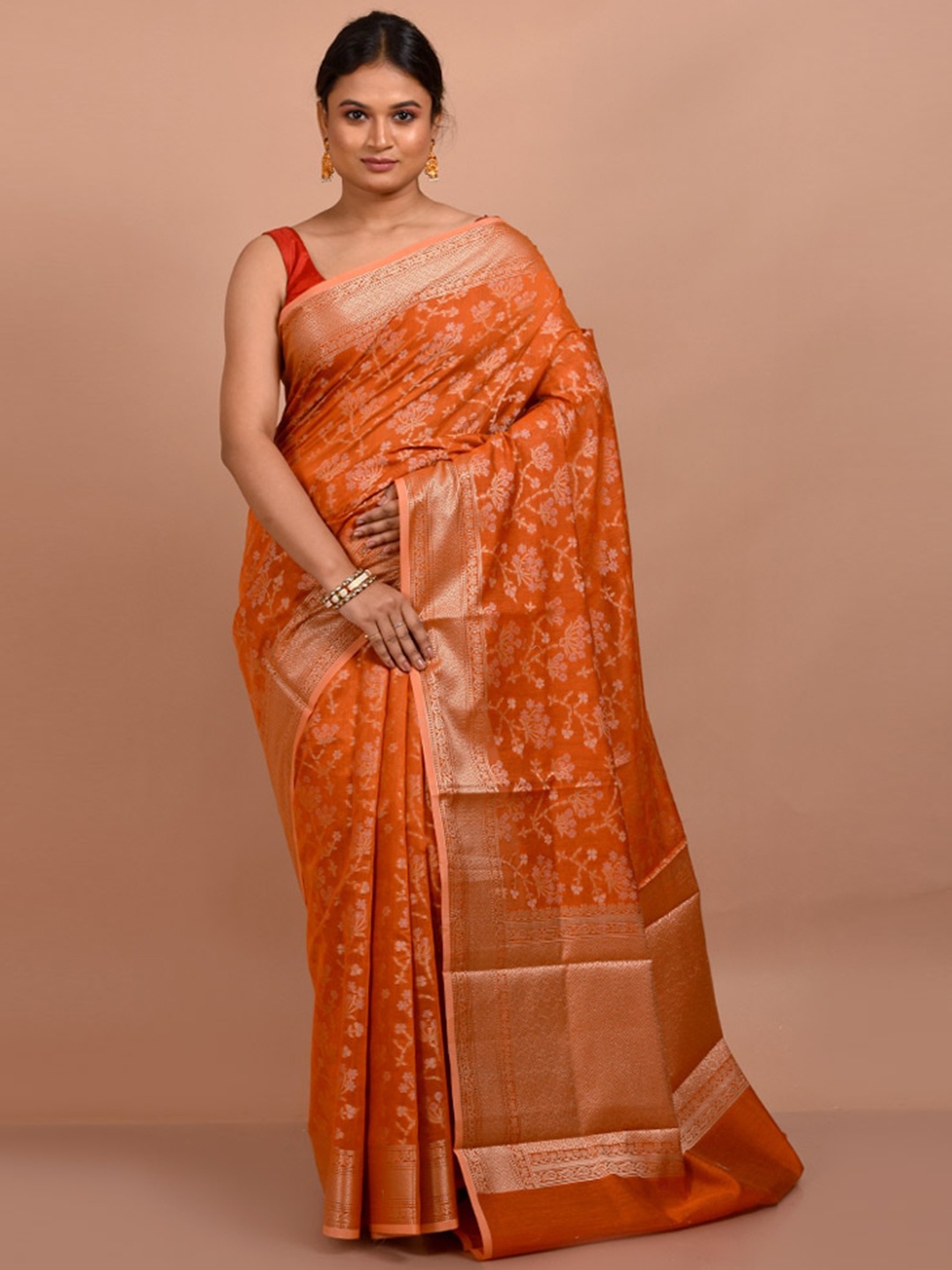 

AllSilks Ethnic Motif Zari Pure Cotton Saree, Orange