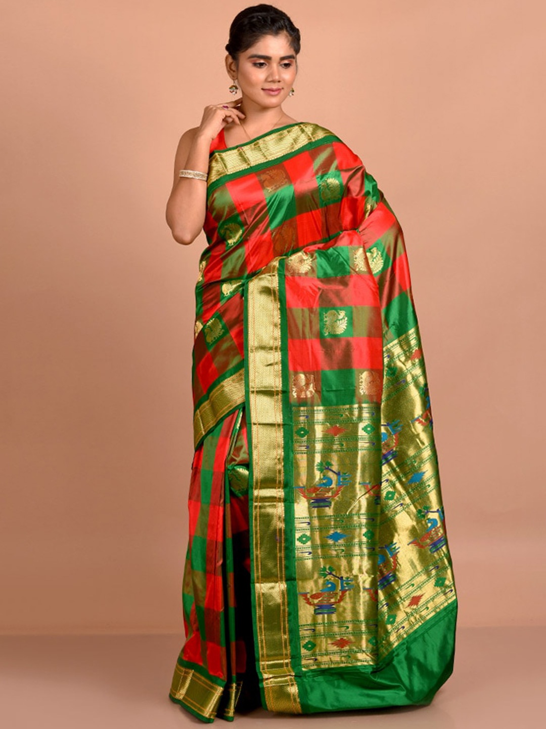 

AllSilks Ethnic Motifs Woven Design Zari Pure Silk Kanjeevaram Saree, Green