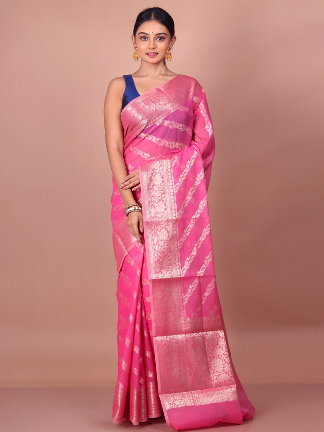 

AllSilks Ethnic Motifs Woven Design Zari Pure Cotton Saree, Pink