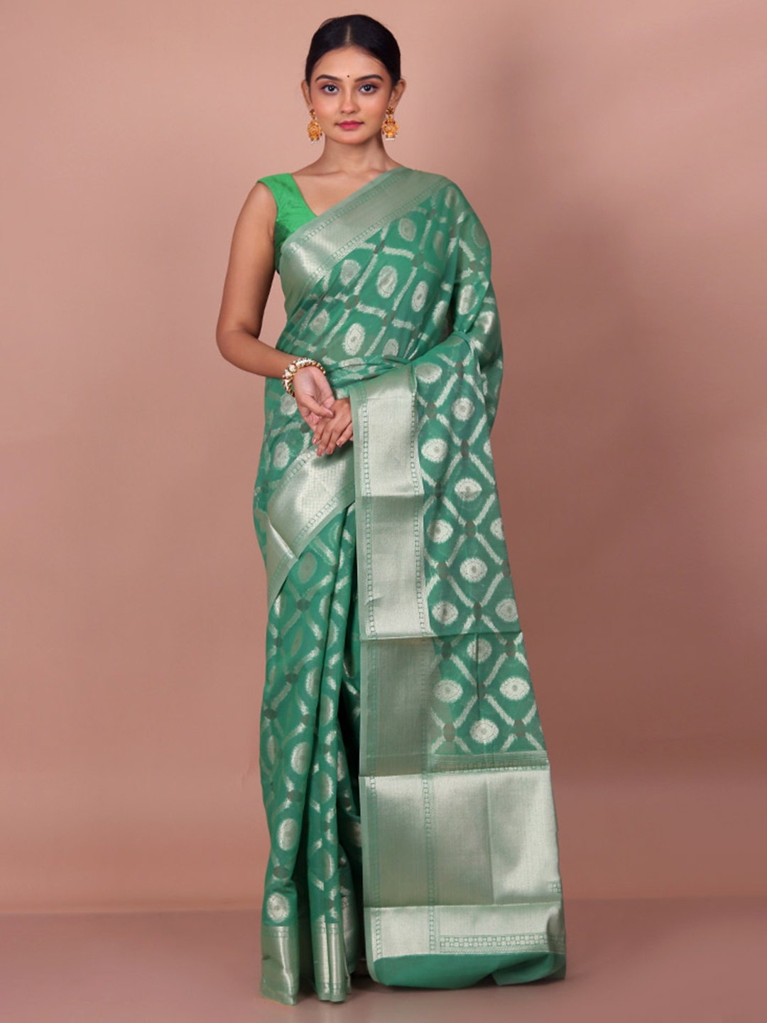

AllSilks Ethnic Motifs Woven Design Zari Pure Cotton Saree, Green