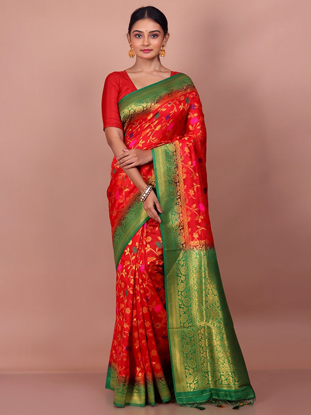 

AllSilks Floral Woven Design Zari Detail Saree, Red