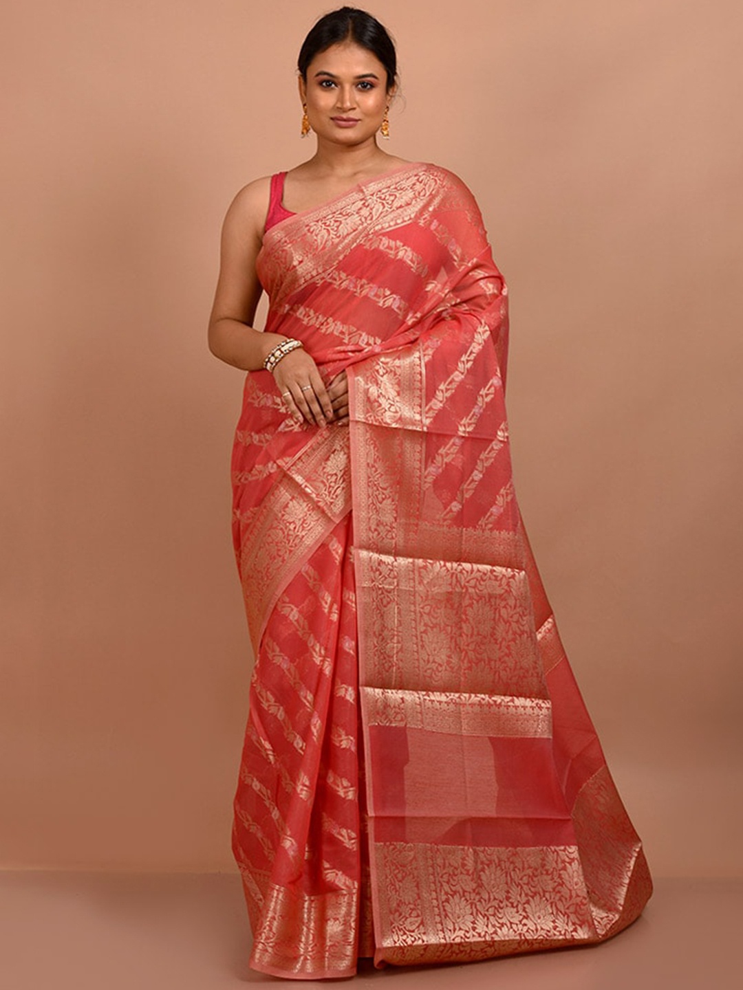 

AllSilks Ethnic Motifs Woven Design Zari Pure Cotton Saree, Coral