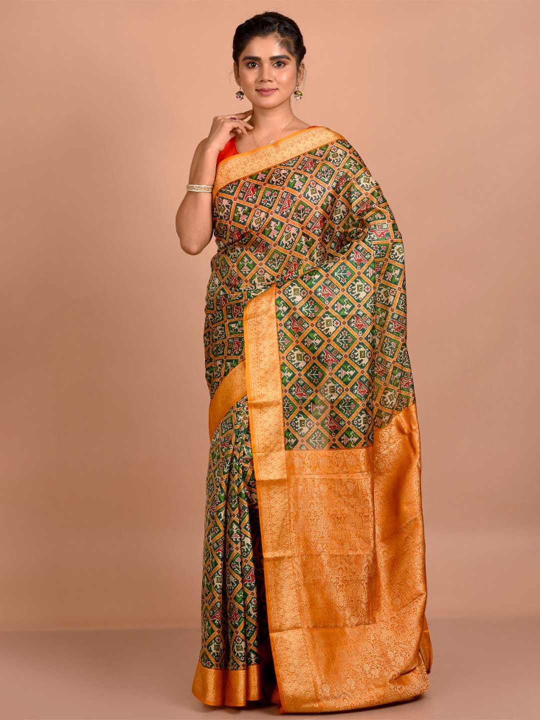 

AllSilks Ethnic Motifs Printed Zari Pure Silk Saree, Green
