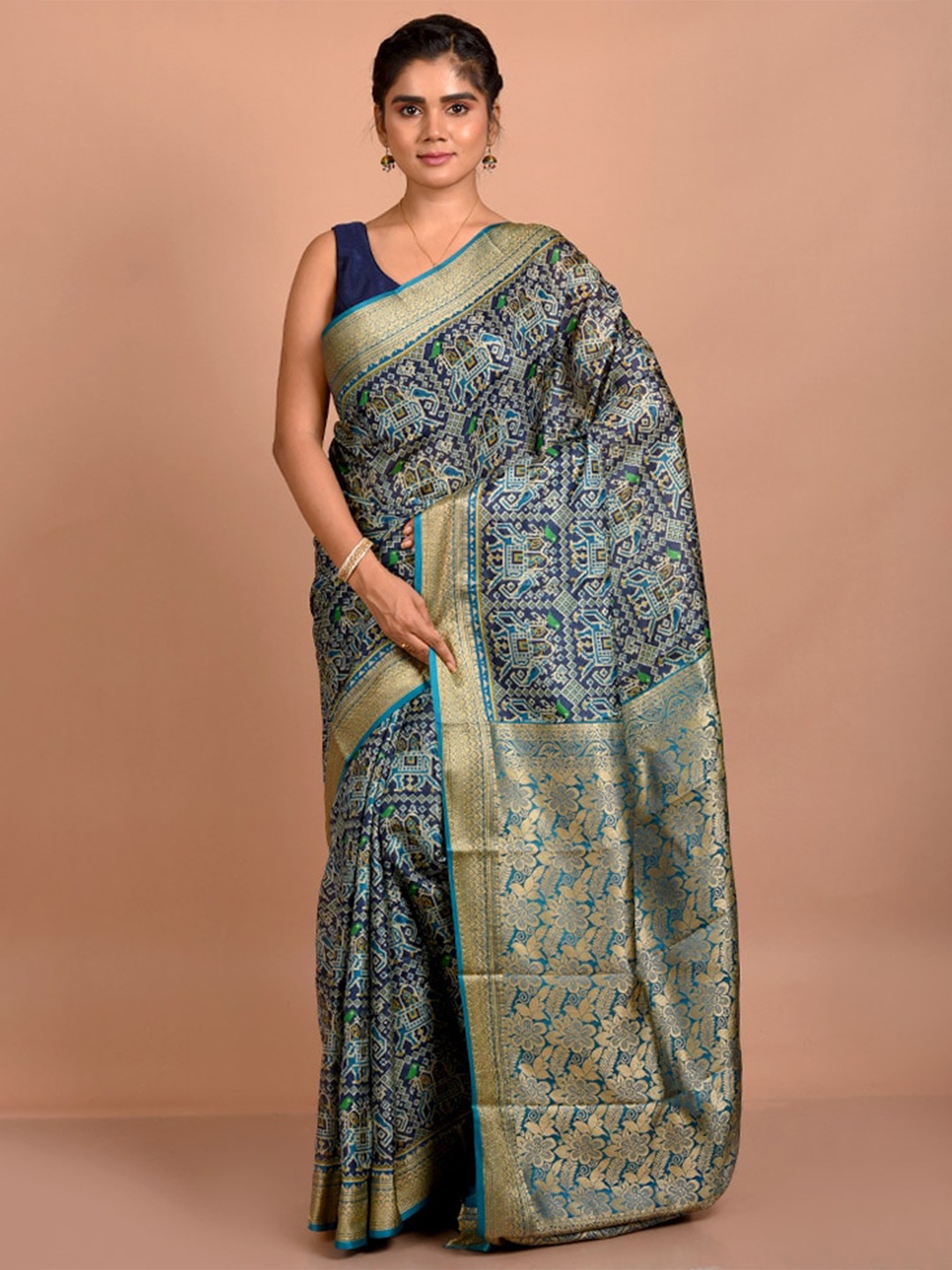

AllSilks Ethnic Motifs Printed Zari Pure Silk Saree, Blue