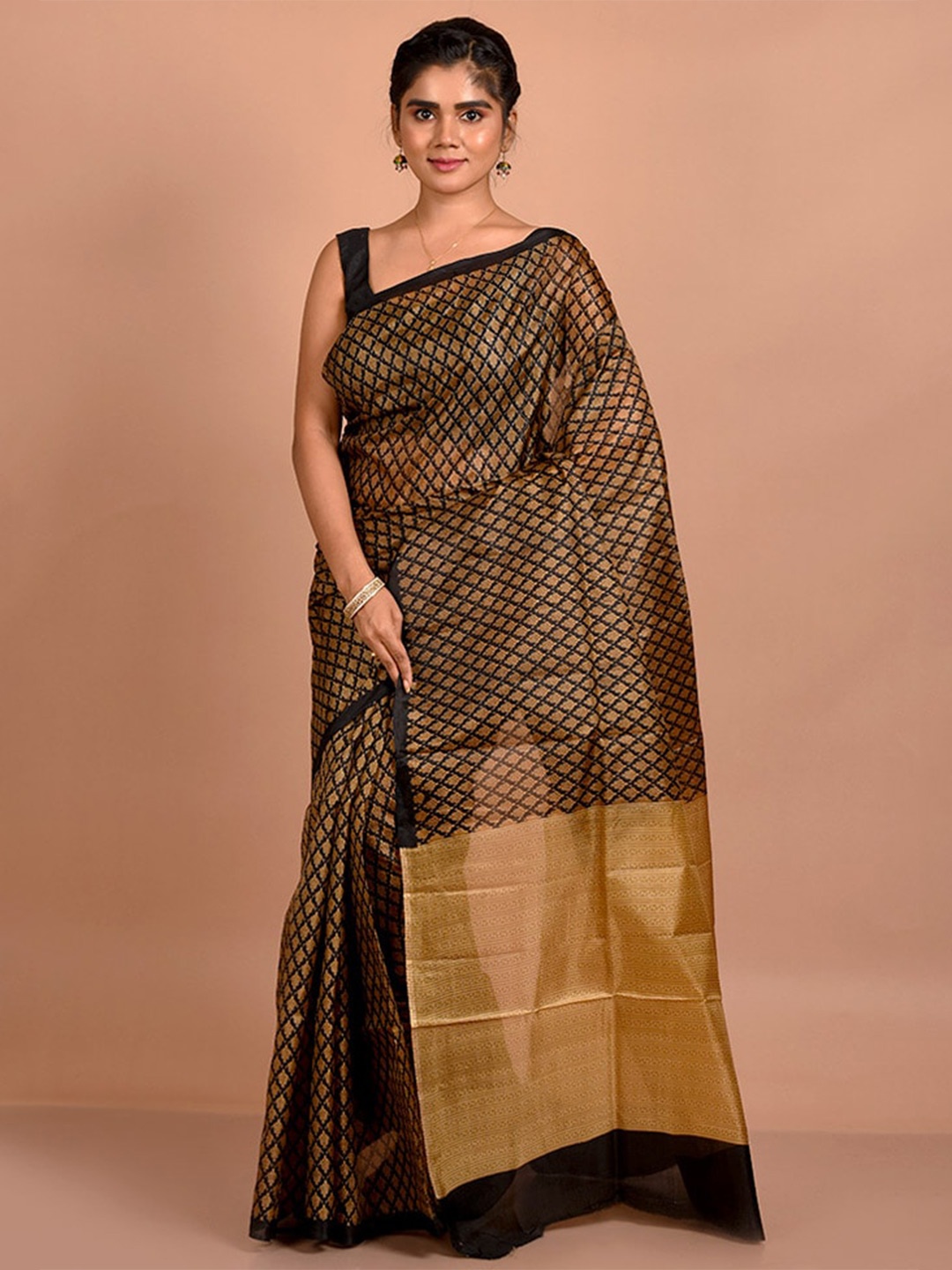 

AllSilks Ethnic Motifs Woven Design Zari Pure Silk Saree, Brown