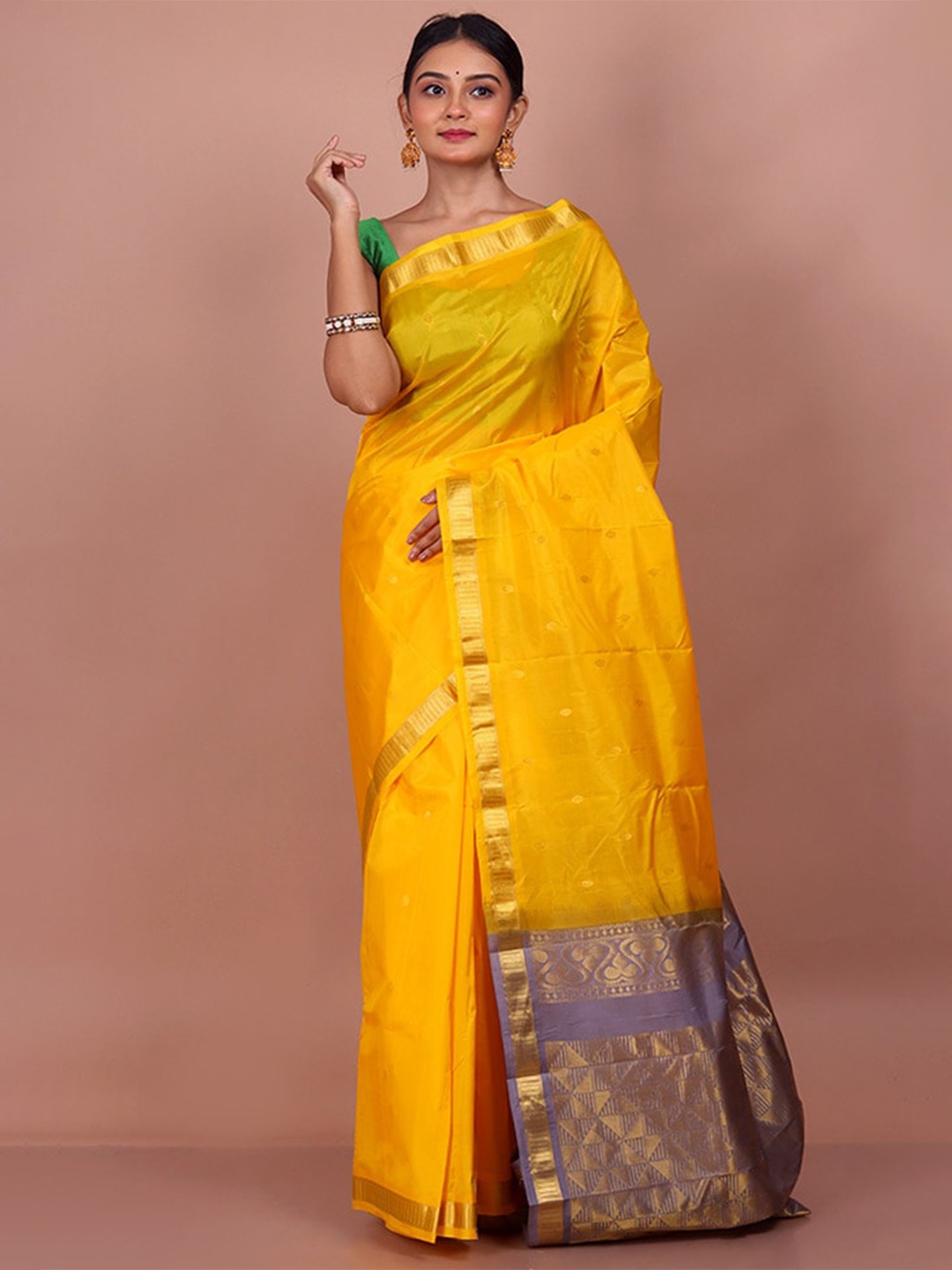 

AllSilks Ethnic Motifs Woven Design Zari Kanjeevaram Saree, Yellow
